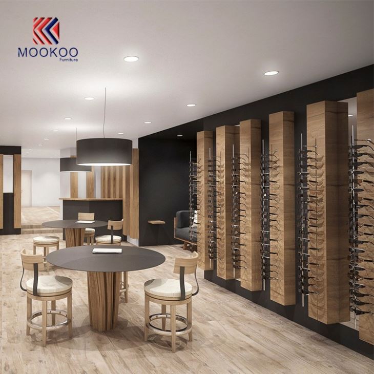 Customized Optical Wood And Metal Display Rack Interior Decoration Design
